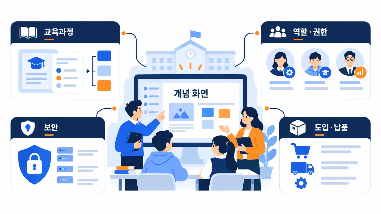 교육과정, 역할과 권한, 보안, 도입과 납품 요구를 보여주는 학교 도입 개념도
